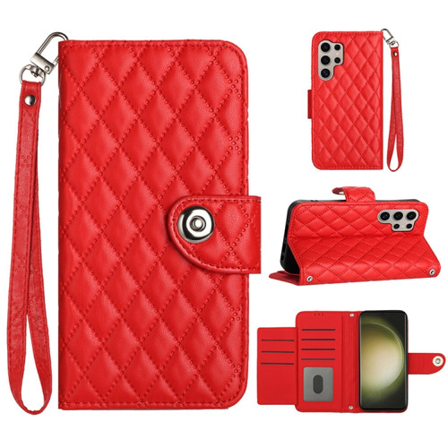 Samsung Galaxy S24 Ultra 5G Rhombic Texture Flip Leather Phone Case with Lanyard - Red