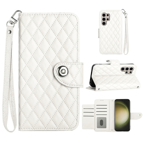 Samsung Galaxy S24 Ultra 5G Rhombic Texture Flip Leather Phone Case with Lanyard - White