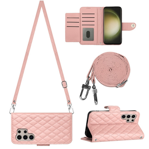 Samsung Galaxy S24 Ultra 5G Rhombic Texture Flip Leather Phone Case with Long Lanyard - Coral Pink