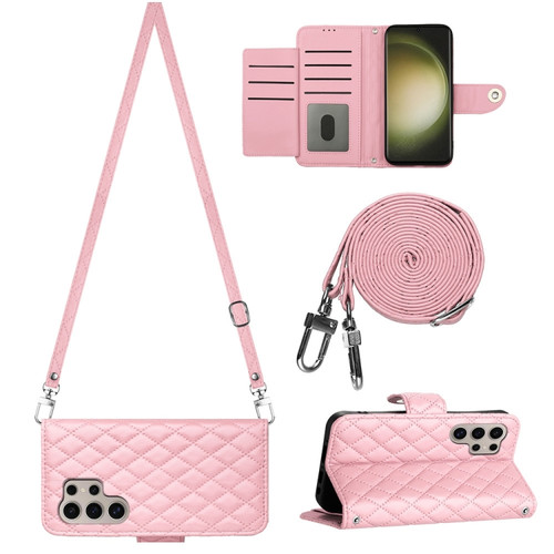 Samsung Galaxy S24 Ultra 5G Rhombic Texture Flip Leather Phone Case with Long Lanyard - Pink