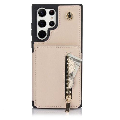 Samsung Galaxy S24 Ultra 5G YM006 Skin Feel Zipper Card Bag Phone Case with Dual Lanyard - Apricot