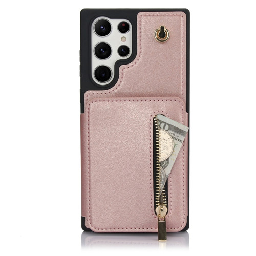 Samsung Galaxy S24 Ultra 5G YM006 Skin Feel Zipper Card Bag Phone Case with Dual Lanyard - Rose Gold