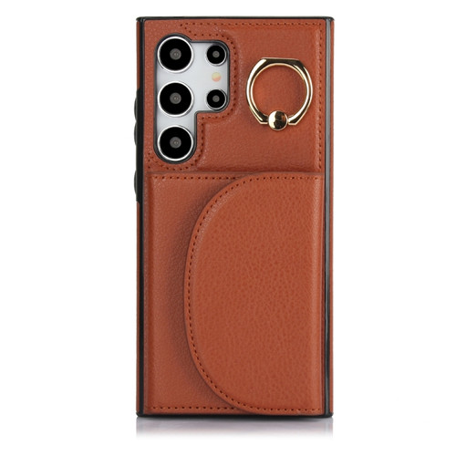 Samsung Galaxy S24 Ultra 5G YM007 Ring Holder Card Bag Skin Feel Phone Case - Brown