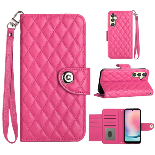 Samsung Galaxy A14 4G / 5G Rhombic Texture Flip Leather Phone Case with Lanyard - Rose Red