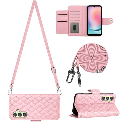 Samsung Galaxy A14 4G / 5G Rhombic Texture Flip Leather Phone Case with Long Lanyard - Pink