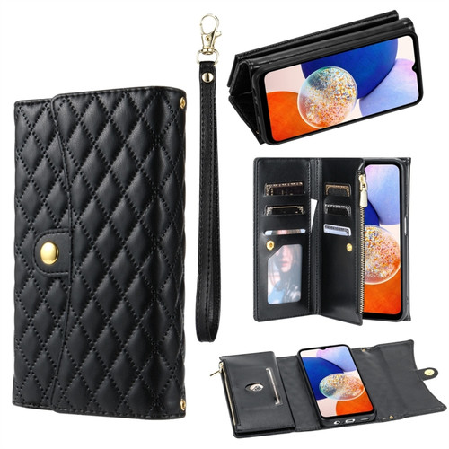 Samsung Galaxy A14 4G / 5G Zipper Multi-Card Wallet Rhombic Leather Phone Case - Black