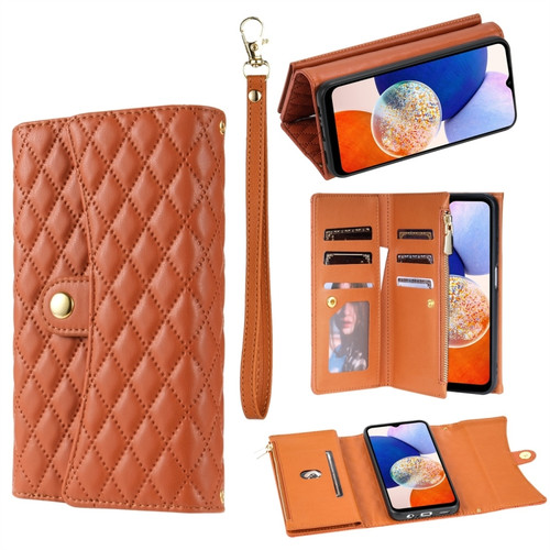Samsung Galaxy A14 4G / 5G Zipper Multi-Card Wallet Rhombic Leather Phone Case - Brown