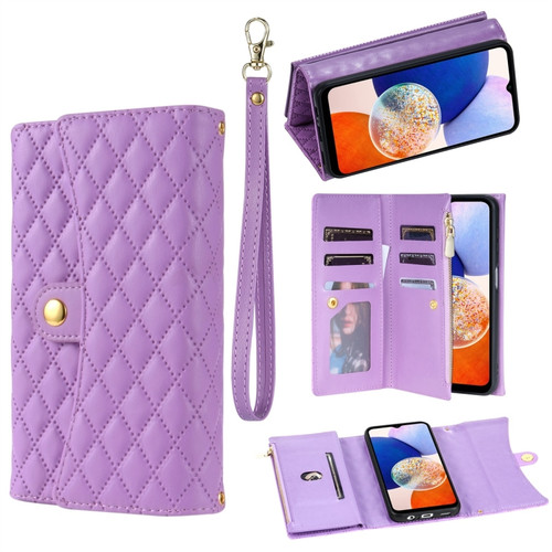 Samsung Galaxy A14 4G / 5G Zipper Multi-Card Wallet Rhombic Leather Phone Case - Purple