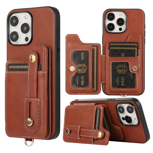 iPhone 15 Pro Max 01 RFID Card Bag Cowhide Texture PU Phone Case - Brown