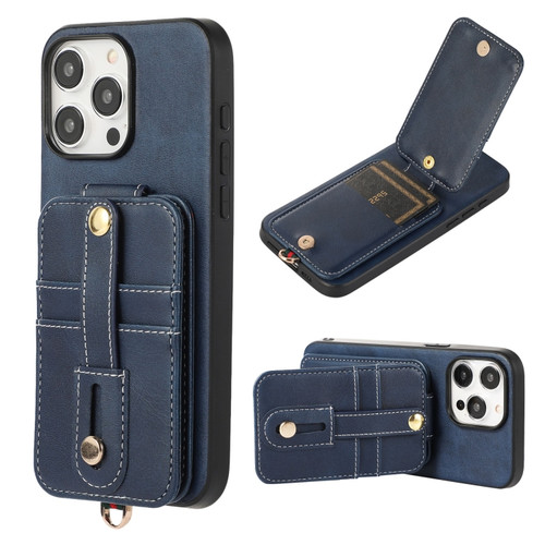 iPhone 15 Pro Max 02 RFID Card Bag Cowhide Texture PU Phone Case - Blue