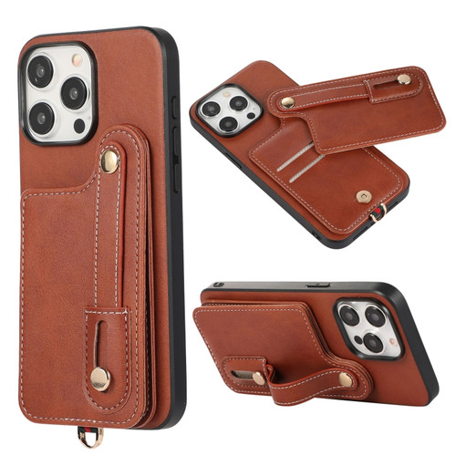 iPhone 15 Pro Max 03 RFID Card Bag Cowhide Texture PU Phone Case - Brown