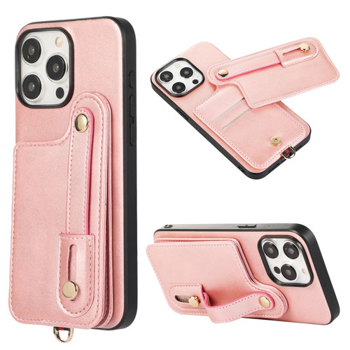 iPhone 15 Pro Max 03 RFID Card Bag Cowhide Texture PU Phone Case - Pink