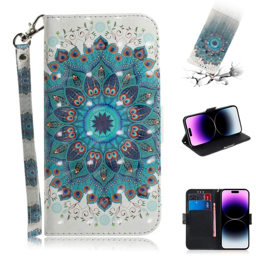 iPhone 15 Pro Max 3D Colored Horizontal Flip Leather Phone Case - Peacock Wreath