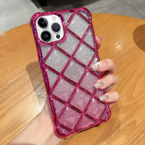 iPhone 15 Pro Max 3D Diamond Lattice Laser Engraving Glitter Paper Phone Case - Gradient Rose Red