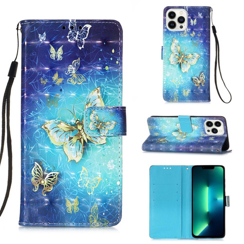 iPhone 15 Pro Max 3D Painting Horizontal Flip Leather Phone Case - Golden Butterfly