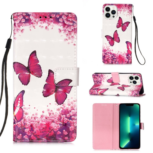 iPhone 15 Pro Max 3D Painting Horizontal Flip Leather Phone Case - Rose Butterfly