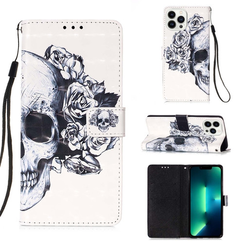 iPhone 15 Pro Max 3D Painting Horizontal Flip Leather Phone Case - Skull