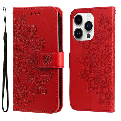 iPhone 15 Pro Max 7-petal Flowers Embossing Leather Phone Case - Red