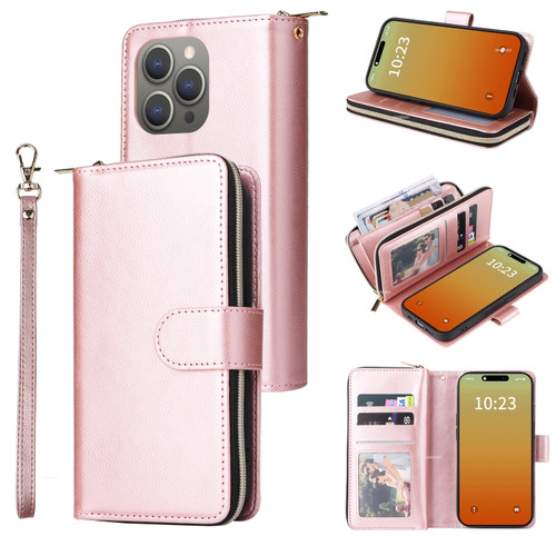 iPhone 15 Pro Max 9 Card Slots Zipper Wallet Bag Leather Phone Case - Rose Gold