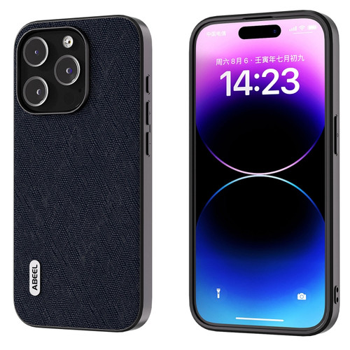 iPhone 15 Pro Max ABEEL Cross Texture Genuine Leather Phone Case - Blue