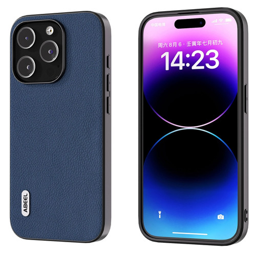 iPhone 15 Pro Max ABEEL Genuine Leather + PC Litchi Texture Phone Case - Blue