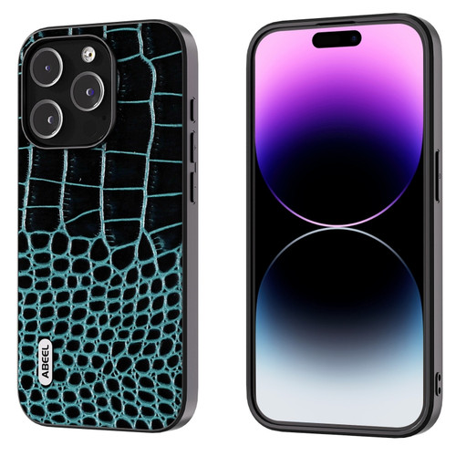 iPhone 15 Pro Max ABEEL Genuine Leather Crocodile Pattern Black Edge Phone Case - Blue