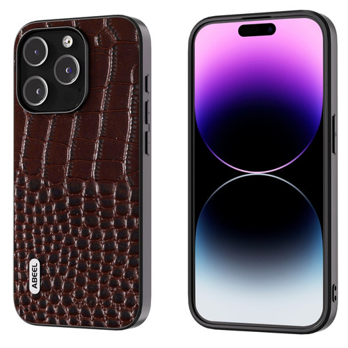iPhone 15 Pro Max ABEEL Genuine Leather Crocodile Pattern Black Edge Phone Case - Coffee