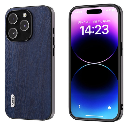 iPhone 15 Pro Max ABEEL Wood Texture PU Phone Case - Blue