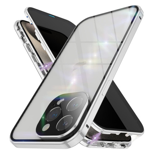 iPhone 15 Pro Max Anti-peeping Magnetic Double-sided Tempered Glass Phone Case - Silver