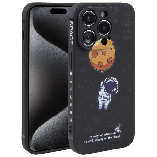 iPhone 15 Pro Max Astronaut Pattern Silicone Straight Edge Phone Case - Planet Landing-Black