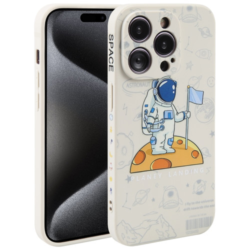iPhone 15 Pro Max Astronaut Pattern Silicone Straight Edge Phone Case - Planet Landing-White