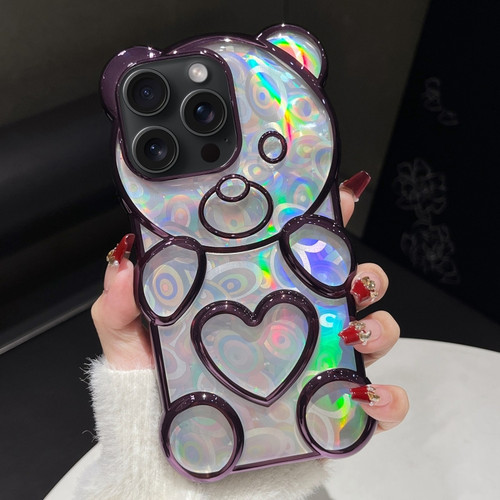 iPhone 15 Pro Max Bear Shape Electroplated Laser TPU Phone Case - Purple
