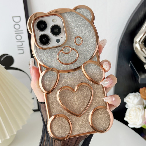 iPhone 15 Pro Max Bear Shape Electroplated TPU Phone Case with Gradient Glitter Paper - Gold
