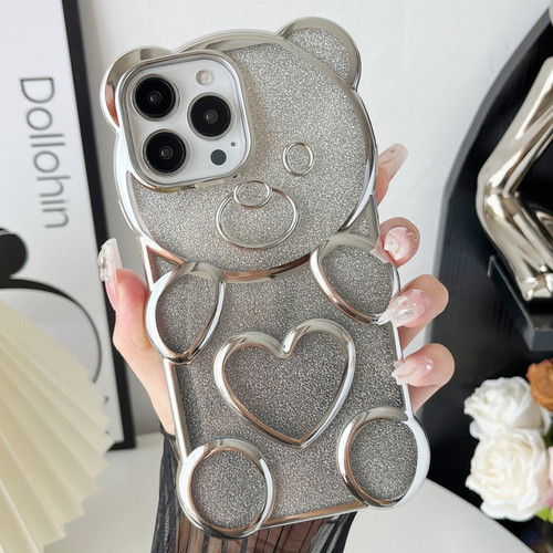 iPhone 15 Pro Max Bear Shape Electroplated TPU Phone Case with Gradient Glitter Paper - Silver