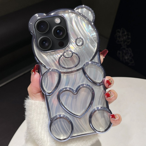 iPhone 15 Pro Max Bear Shaped Embossed Electroplated Laser TPU Phone Case - Blue