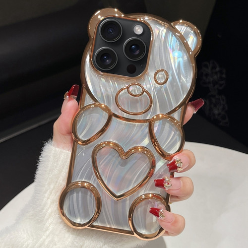 iPhone 15 Pro Max Bear Shaped Embossed Electroplated Laser TPU Phone Case - Gold