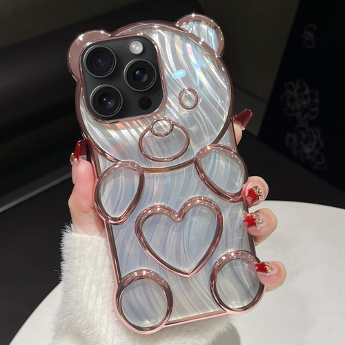 iPhone 15 Pro Max Bear Shaped Embossed Electroplated Laser TPU Phone Case - Pink