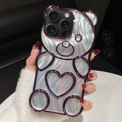 iPhone 15 Pro Max Bear Shaped Embossed Electroplated Laser TPU Phone Case - Purple