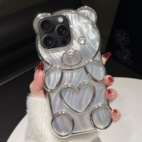 iPhone 15 Pro Max Bear Shaped Embossed Electroplated Laser TPU Phone Case - Silver