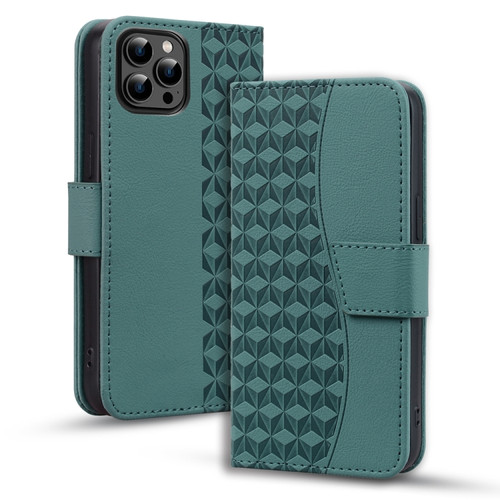 iPhone 15 Pro Max Business Diamond Buckle Leather Phone Case with Lanyard - Green