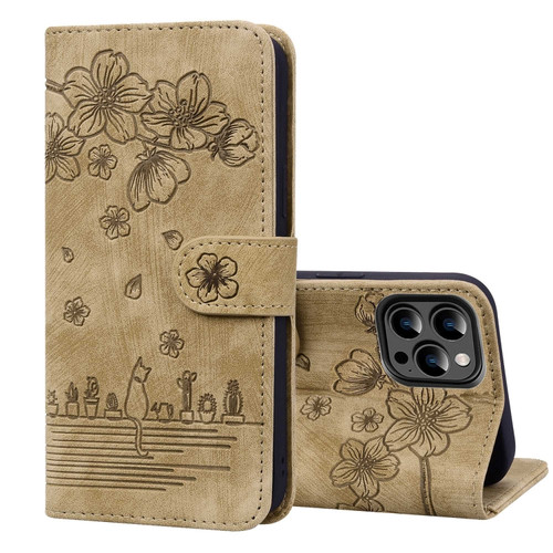 iPhone 15 Pro Max Cartoon Sakura Cat Embossed Leather Phone Case - Brown