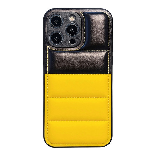 iPhone 15 Pro Max Color Block Down Jacket Phone Case - Black Yellow