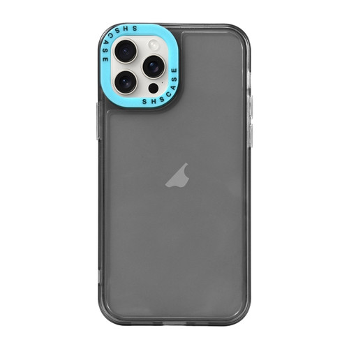 iPhone 15 Pro Max Color Contrast Lens Frame Transparent TPU Phone Case - Black + Sky Blue