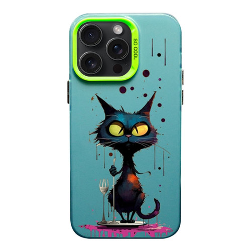 iPhone 15 Pro Max Color Ink Frosted PC+TPU Phone Case - Black Cat