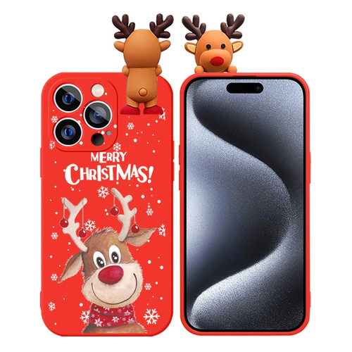 iPhone 15 Pro Max Colored Drawing Deer Relief Doll Soft TPU Phone Case - Christmas Elk