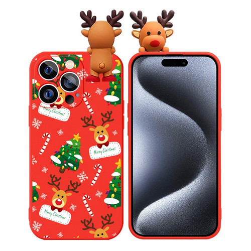 iPhone 15 Pro Max Colored Drawing Deer Relief Doll Soft TPU Phone Case - Christmas Tree and Deer