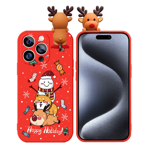 iPhone 15 Pro Max Colored Drawing Deer Relief Doll Soft TPU Phone Case - Snowman and Deer