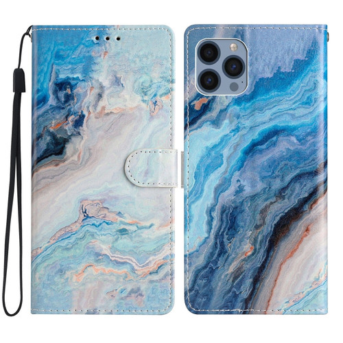 iPhone 15 Pro Max Colored Drawing Leather Phone Case - Blue Marble