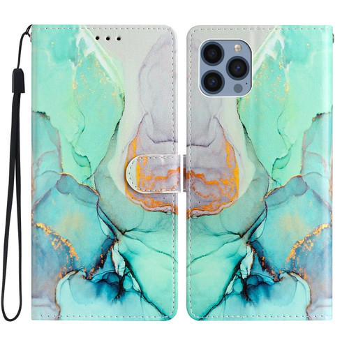 iPhone 15 Pro Max Colored Drawing Leather Phone Case - Green Marble