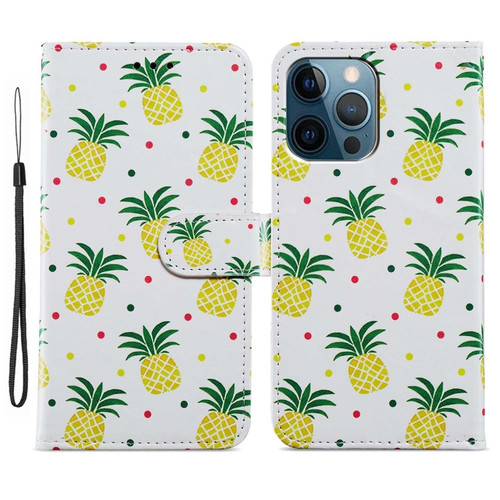 iPhone 15 Pro Max Colored Drawing Leather Phone Case - Pineapple